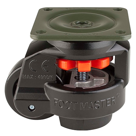 Foot Master Leveling Caster, 63 mm Nylon Wheel, 90x90 mm Plate, Swivel, 550 kg Cap, NBR Foot Pad, Black GD-80-F-NYN-FBL